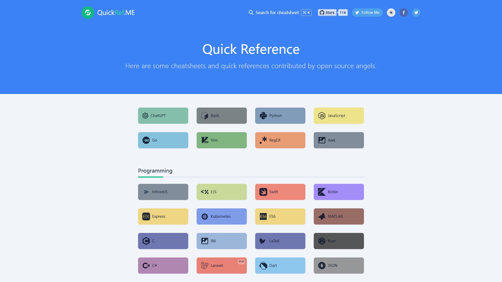 QuickRef – 开发者速查表与键盘快捷键参考库