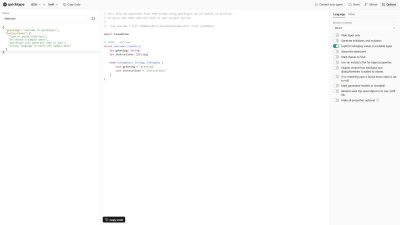 QuickType – 把 JSON 样例转成多语言强类型代码的生成器 - 超应用-超应用